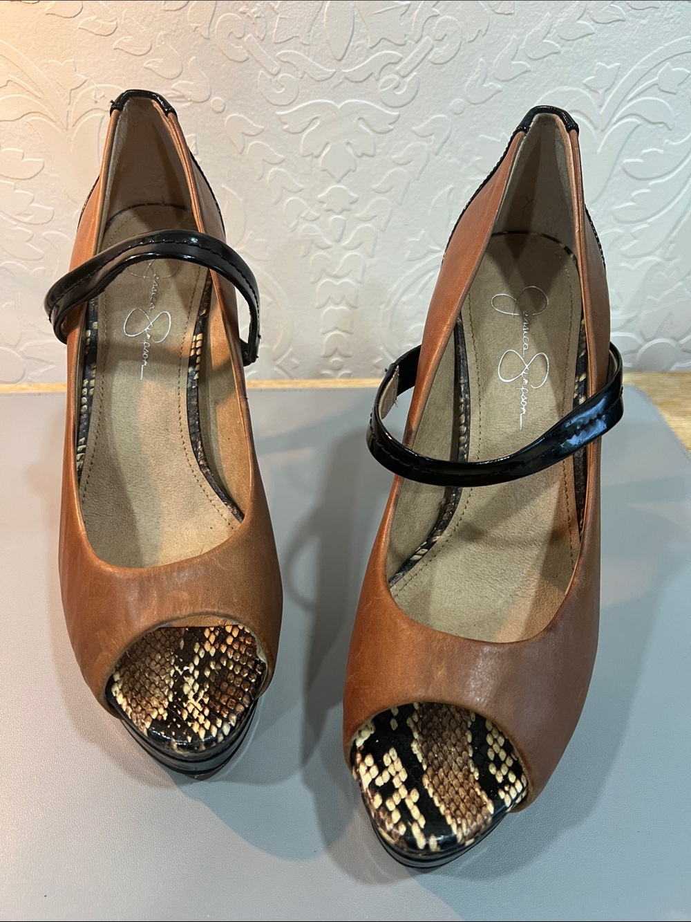 Jessica Simpson Tan Leather Peep-Toe Platform Heels with Black Strap